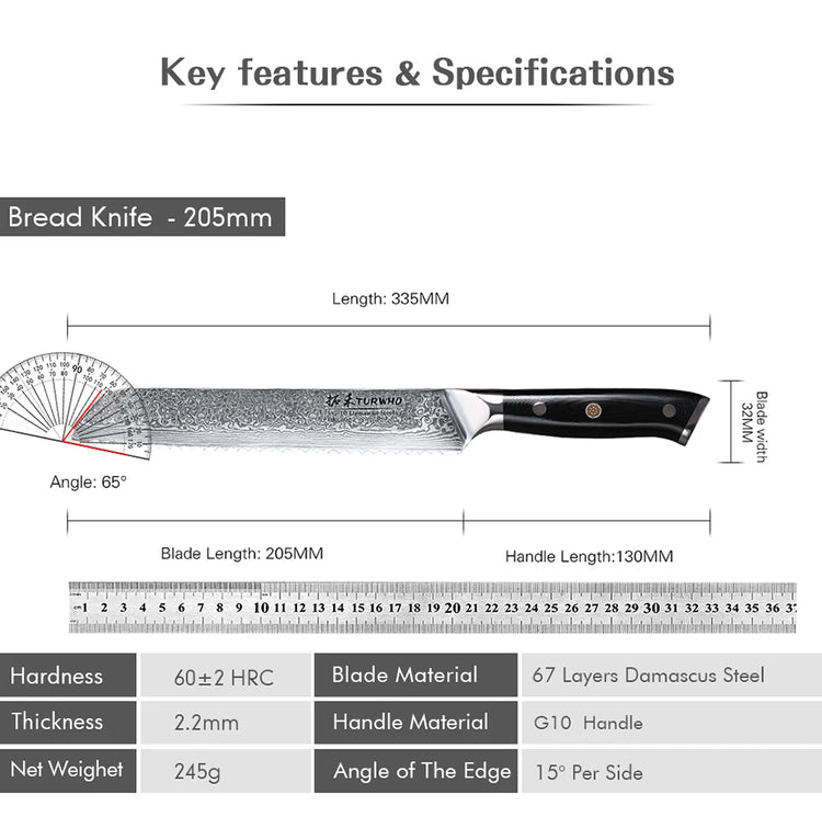 TURWHO 8" Damascus Steel Bread Knife Professional Chef Knife Cutting Cheese Cake Baking Serrated Knives Kitchen Cooking Tools