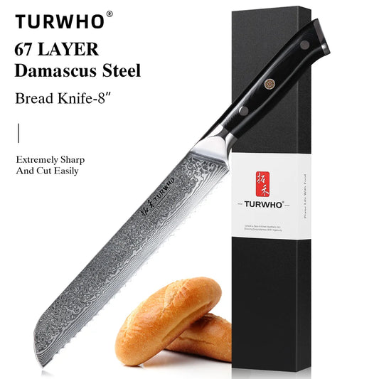 TURWHO 8" Damascus Steel Bread Knife Professional Chef Knife Cutting Cheese Cake Baking Serrated Knives Kitchen Cooking Tools