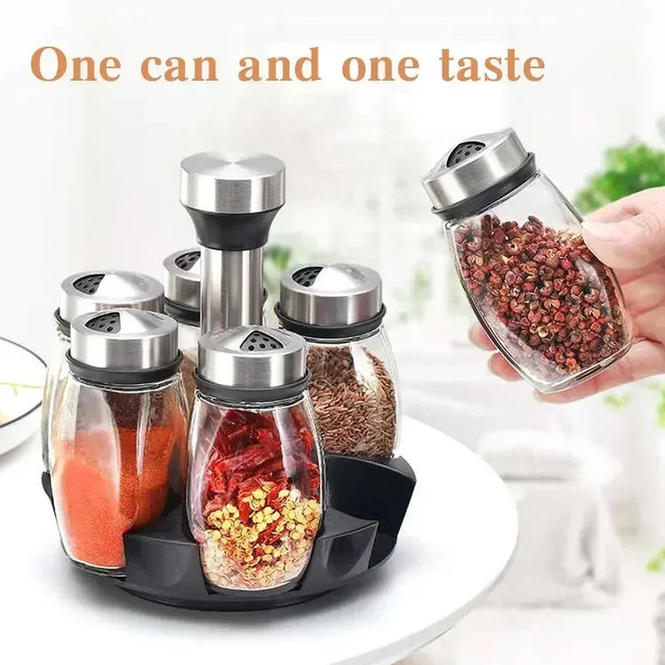 1/7pcs Spice Jar Set Rack Glass Organizer Rotating Glass Seasoning Sugar Pepper Bottles Salt Shakers Holder Kitchen Storage Rack