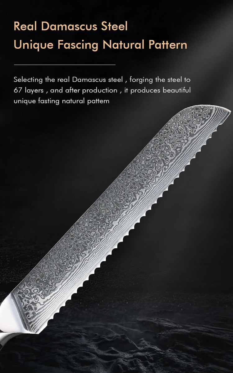 TURWHO 8" Damascus Steel Bread Knife Professional Chef Knife Cutting Cheese Cake Baking Serrated Knives Kitchen Cooking Tools