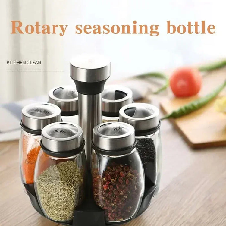 1/7pcs Spice Jar Set Rack Glass Organizer Rotating Glass Seasoning Sugar Pepper Bottles Salt Shakers Holder Kitchen Storage Rack