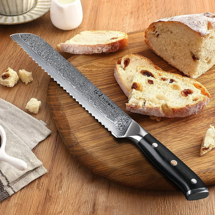 TURWHO 8" Damascus Steel Bread Knife Professional Chef Knife Cutting Cheese Cake Baking Serrated Knives Kitchen Cooking Tools