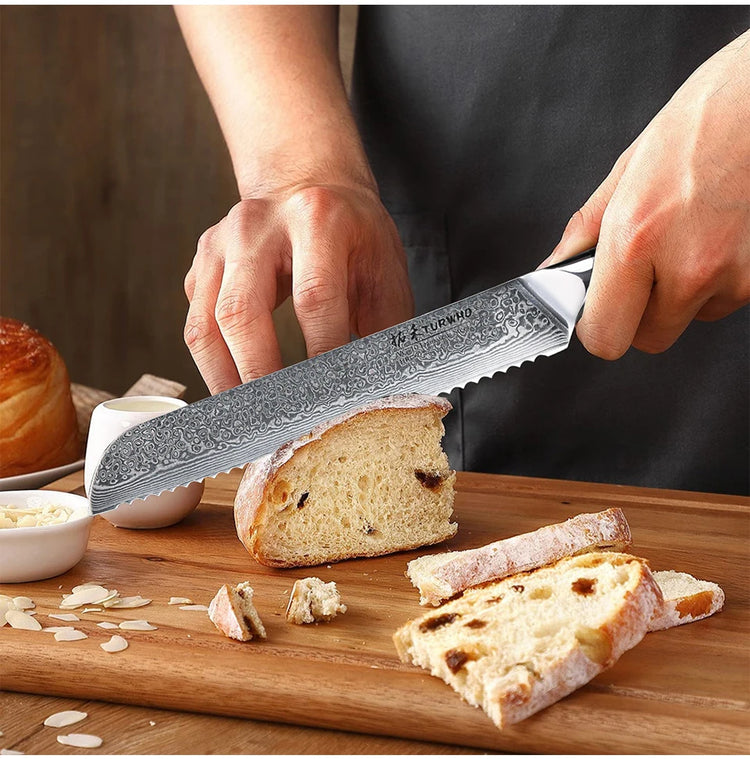 TURWHO 8" Damascus Steel Bread Knife Professional Chef Knife Cutting Cheese Cake Baking Serrated Knives Kitchen Cooking Tools