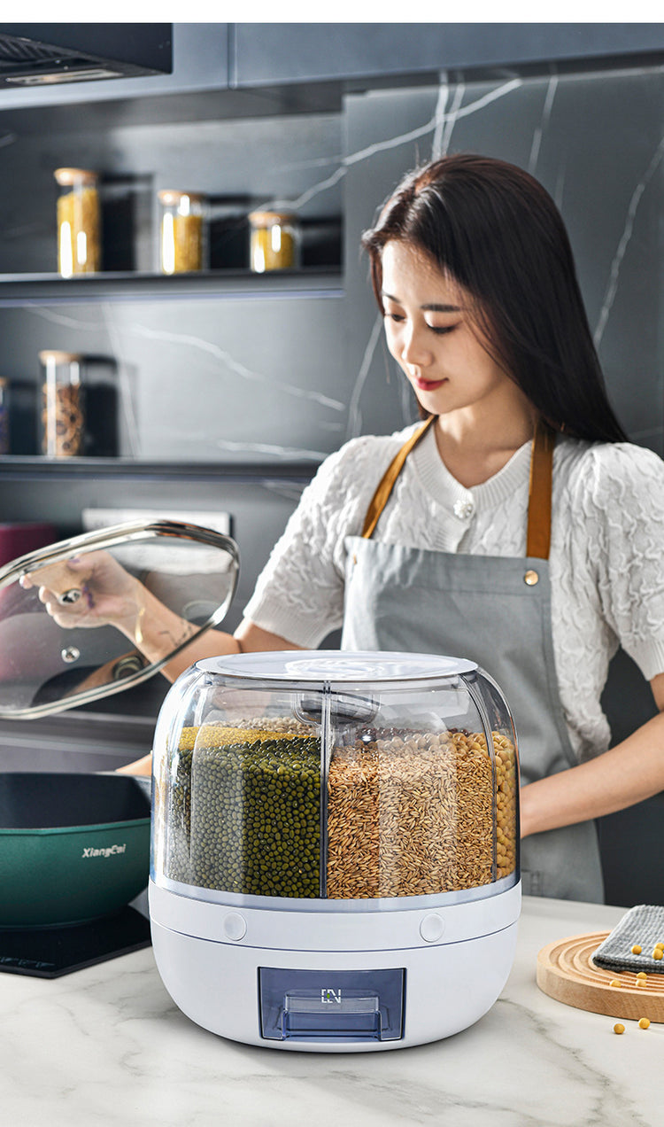 360 Degree Rotating Rice Dispenser Sealed Dry Cereal Grain Bucket Dispenser Moisture-proof Kitchen Food Container Storage Box