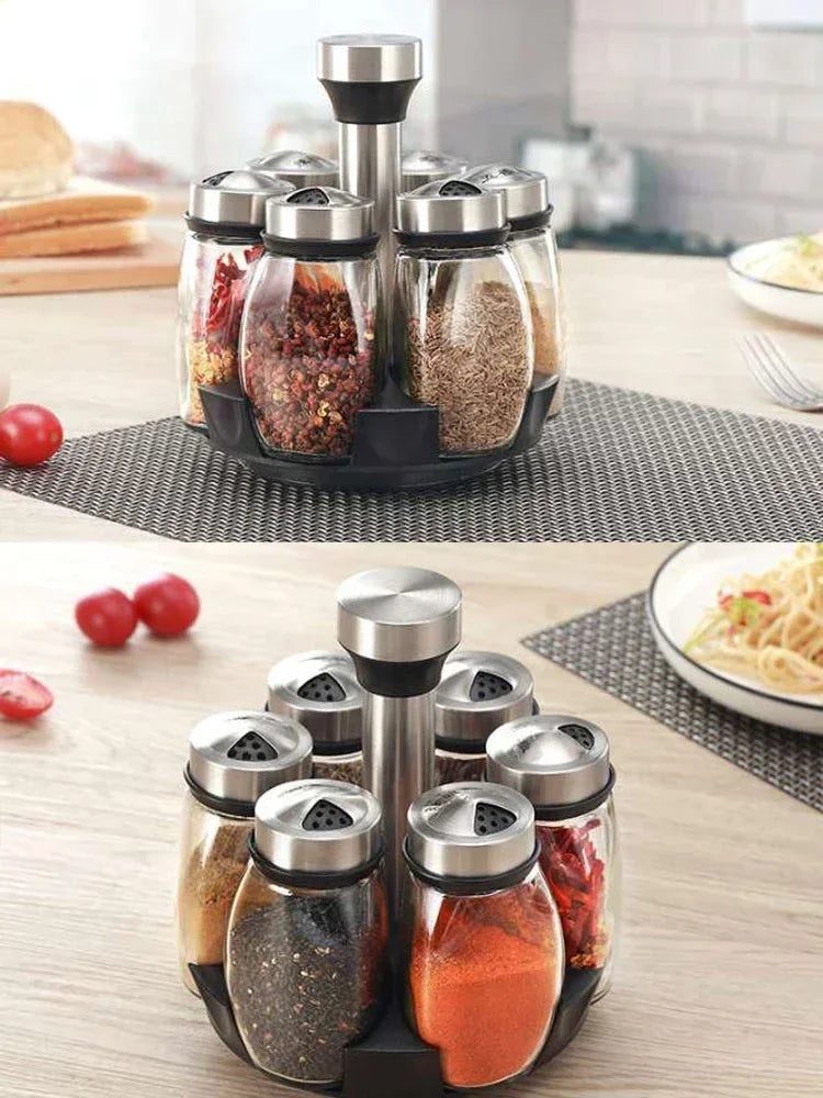 1/7pcs Spice Jar Set Rack Glass Organizer Rotating Glass Seasoning Sugar Pepper Bottles Salt Shakers Holder Kitchen Storage Rack