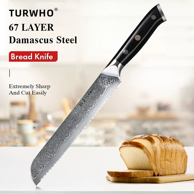 TURWHO 8" Damascus Steel Bread Knife Professional Chef Knife Cutting Cheese Cake Baking Serrated Knives Kitchen Cooking Tools