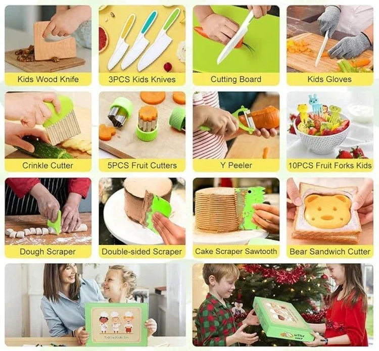 11/13/17PCS Kids Cooking sets Real Cooking Montessori Kitchen Tools for Toddlers Kids Safe Knives for 2/3/4/5/6/7/8 Year Old